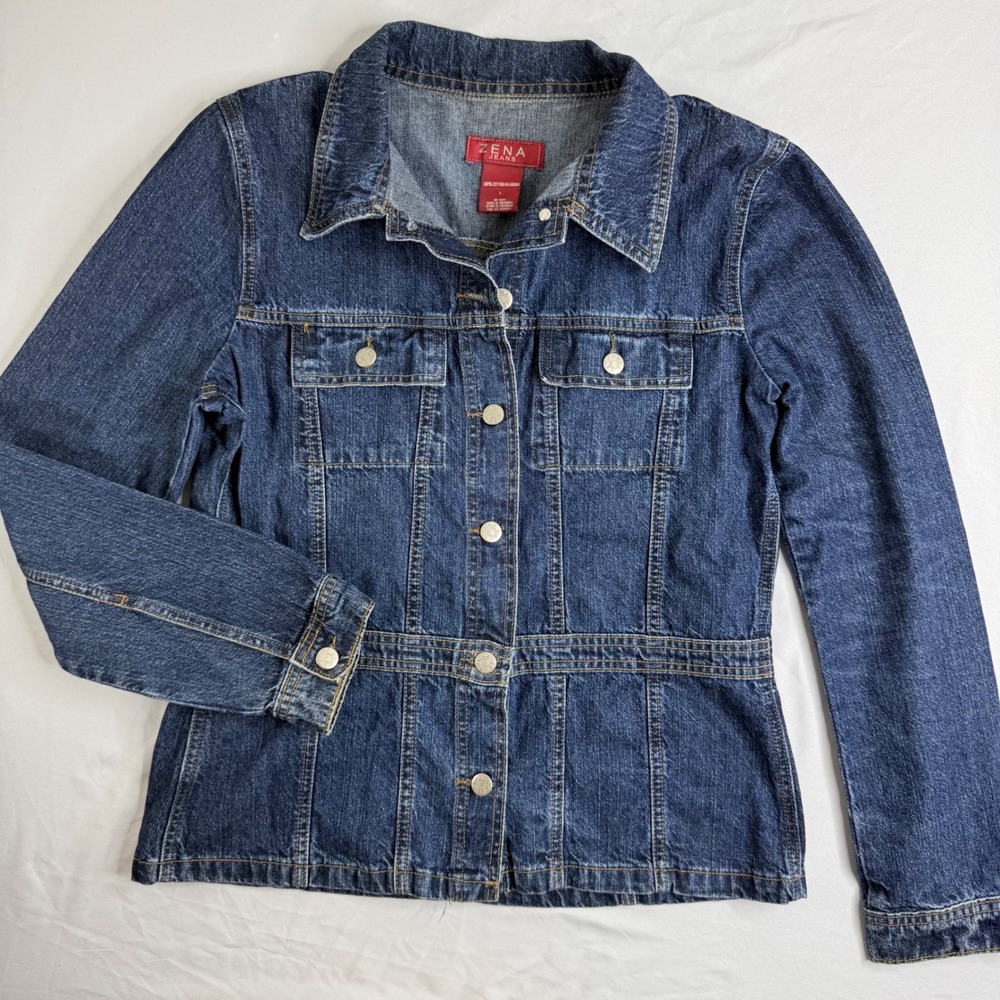 Zena Jeans Womens Denim Jacket Medium Wash Blue Cotton Button Up Vintage Large